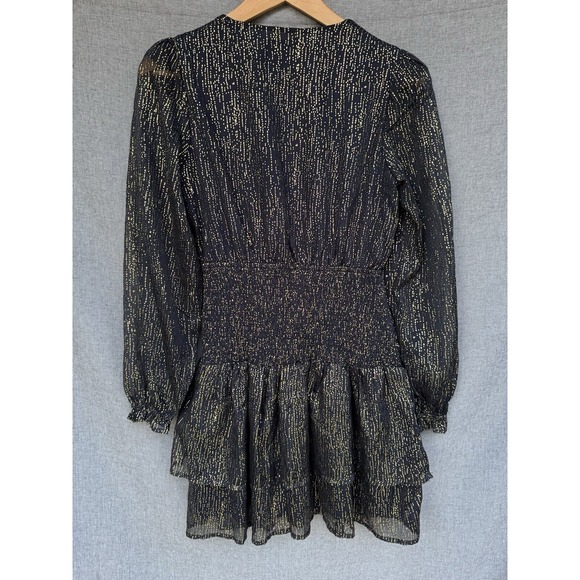 Aqua Metallic Puff Sleeve Mini Dress Small Navy Blue Gold Dot NYE‎ Smocked - Picture 6 of 8